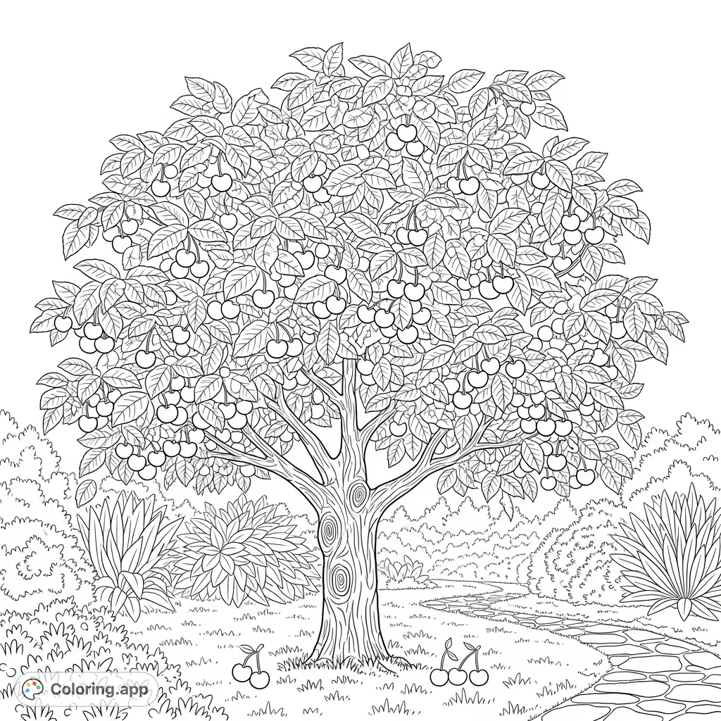 A beautiful cherry tree laden with ripe fruit in a peaceful garden setting. Perfect for a relaxing nature-themed coloring page, offering intricate details.