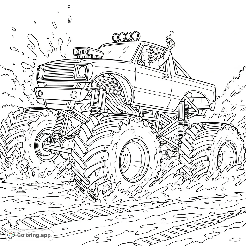 A detailed monster truck roars through a chaotic mud pit, creating dramatic splashes, with its driver enjoying a beverage. A dynamic off-road scene.