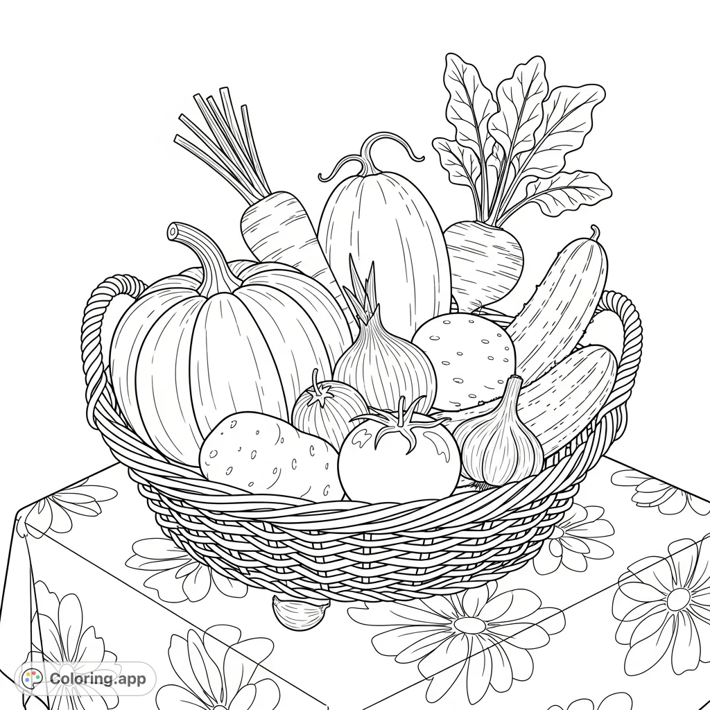 Explore a bountiful rustic harvest basket brimming with garden produce like pumpkin, melon, beets, and garlic on a floral tablecloth. Perfect for nature lovers!