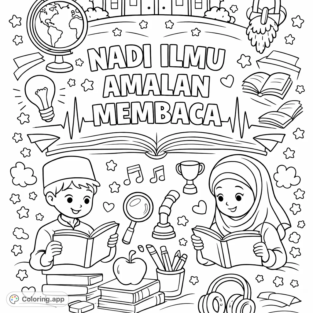 Embark on a delightful learning journey with this inspiring coloring page! Features happy children reading, surrounded by books, a globe, and symbols of knowledge.