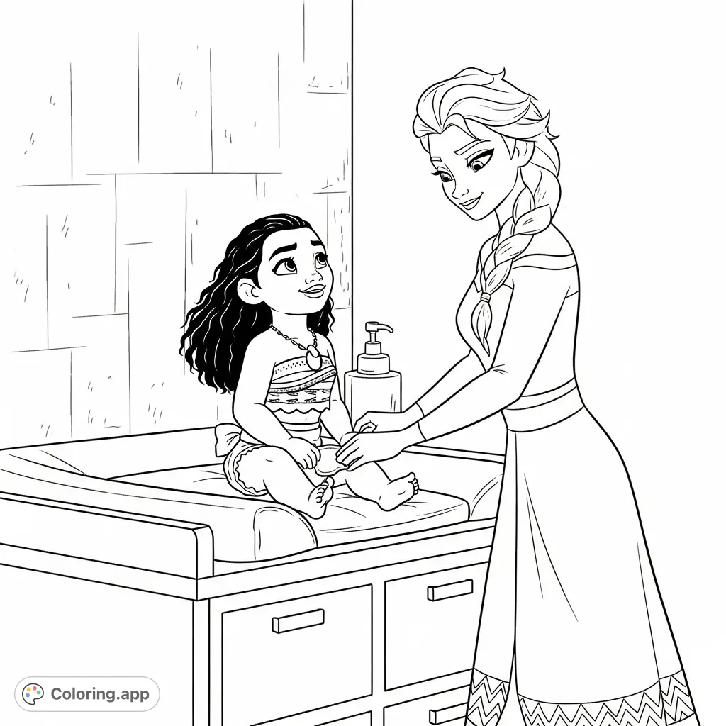 A unique crossover coloring page featuring Elsa carefully changing Moana's diaper on a comfortable changing station, perfect for fans of both characters.