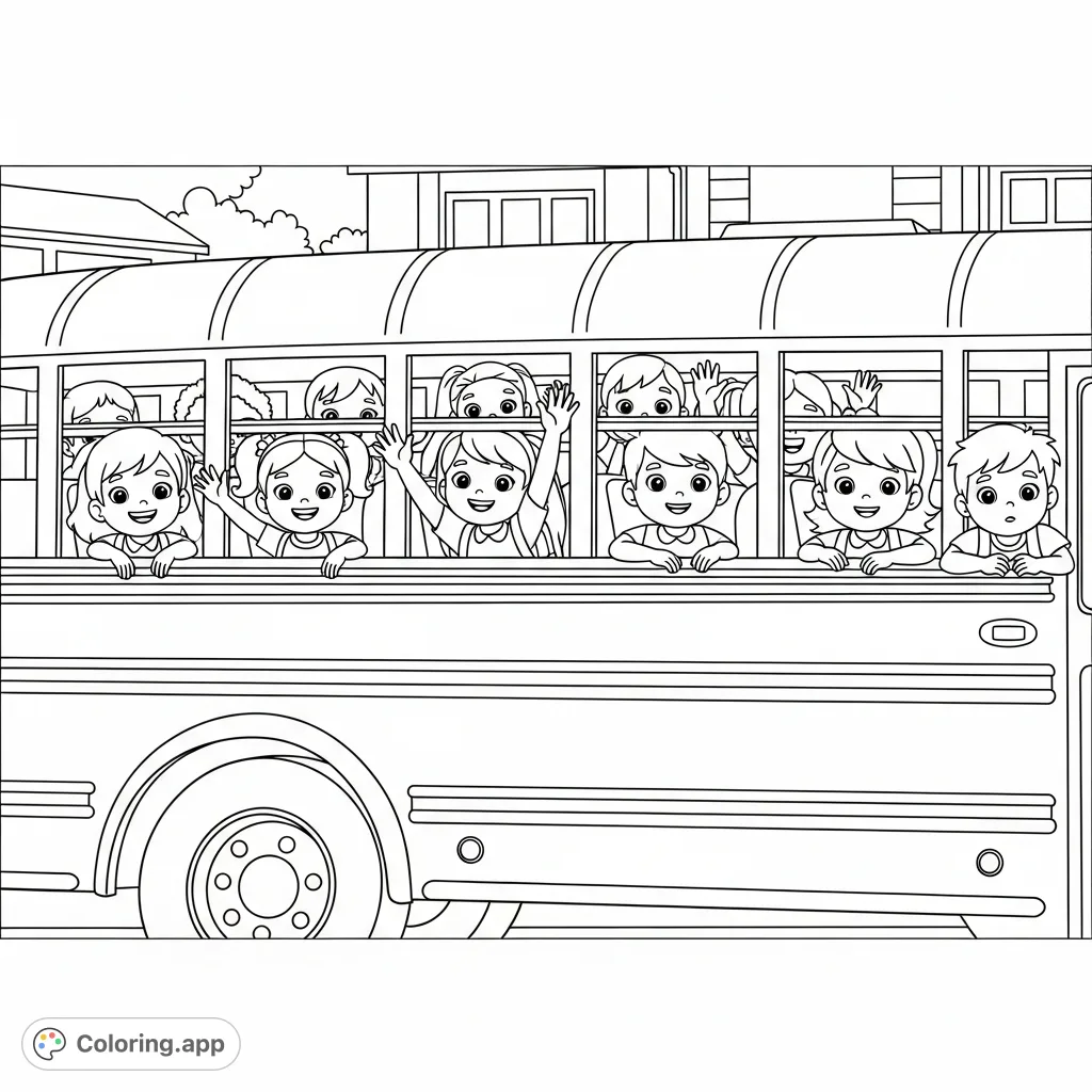 A cheerful school bus full of smiling kids waving and looking out windows. Perfect for young colorists to imagine their daily commute fun.