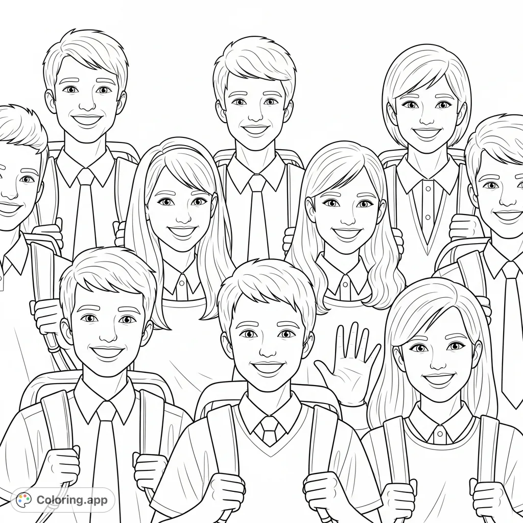 Capture the joy of school with this students portrait faces coloring page. Features smiling students in school uniforms, carrying backpacks and waving.