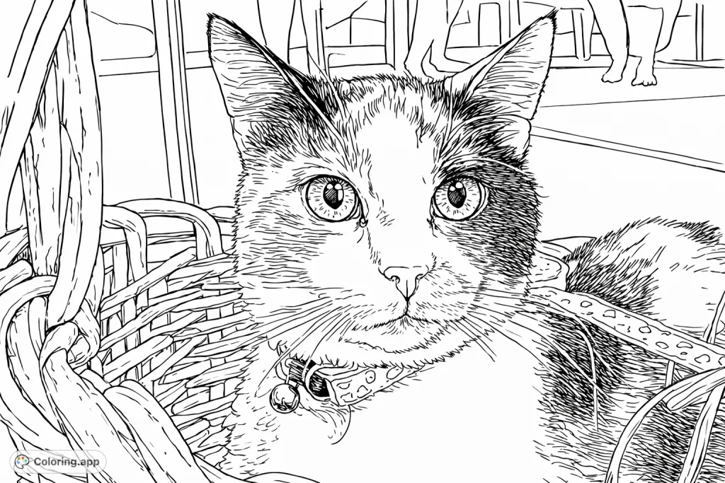 A charming cat sits patiently in a cozy, textured basket, wearing a patterned collar with a tiny bell. Perfect for cat lovers to personalize with imaginative hues.