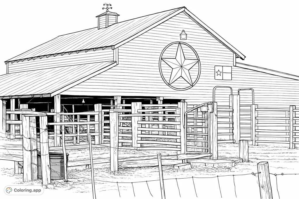 Explore a charming rural barn with a prominent star emblem and sturdy corrals, ready for your creative touch. A delightful farm-themed coloring page!