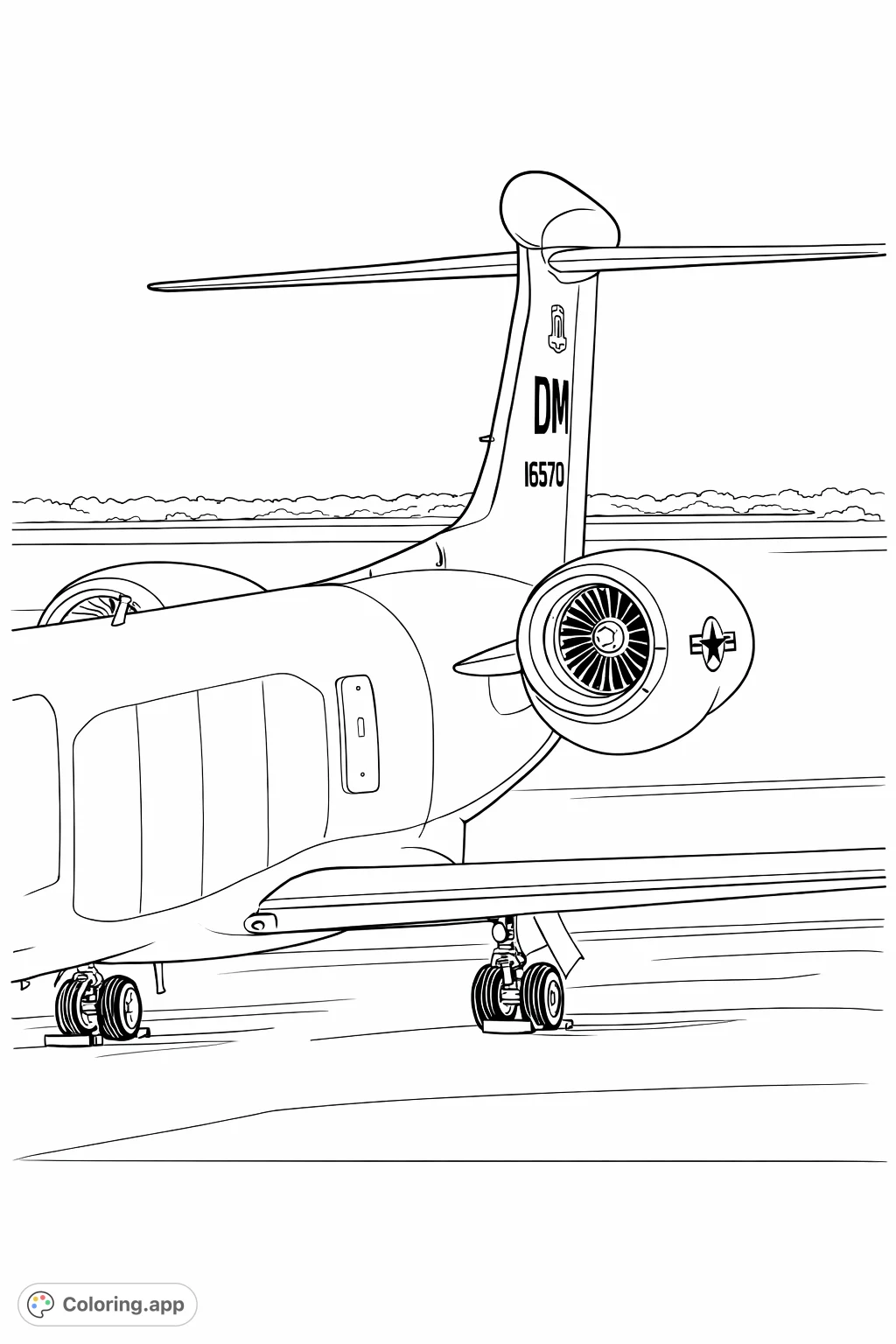 Color a powerful, modern jet aircraft with detailed engines and sleek design, perfect for aviation enthusiasts. Explore realistic textures and markings.