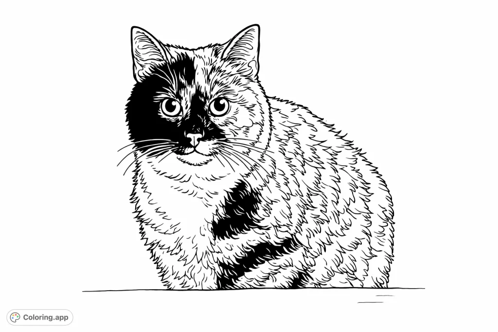 Delightful patched feline coloring page featuring a cat with unique facial patterns and textured fur. Perfect for cat enthusiasts of all ages.