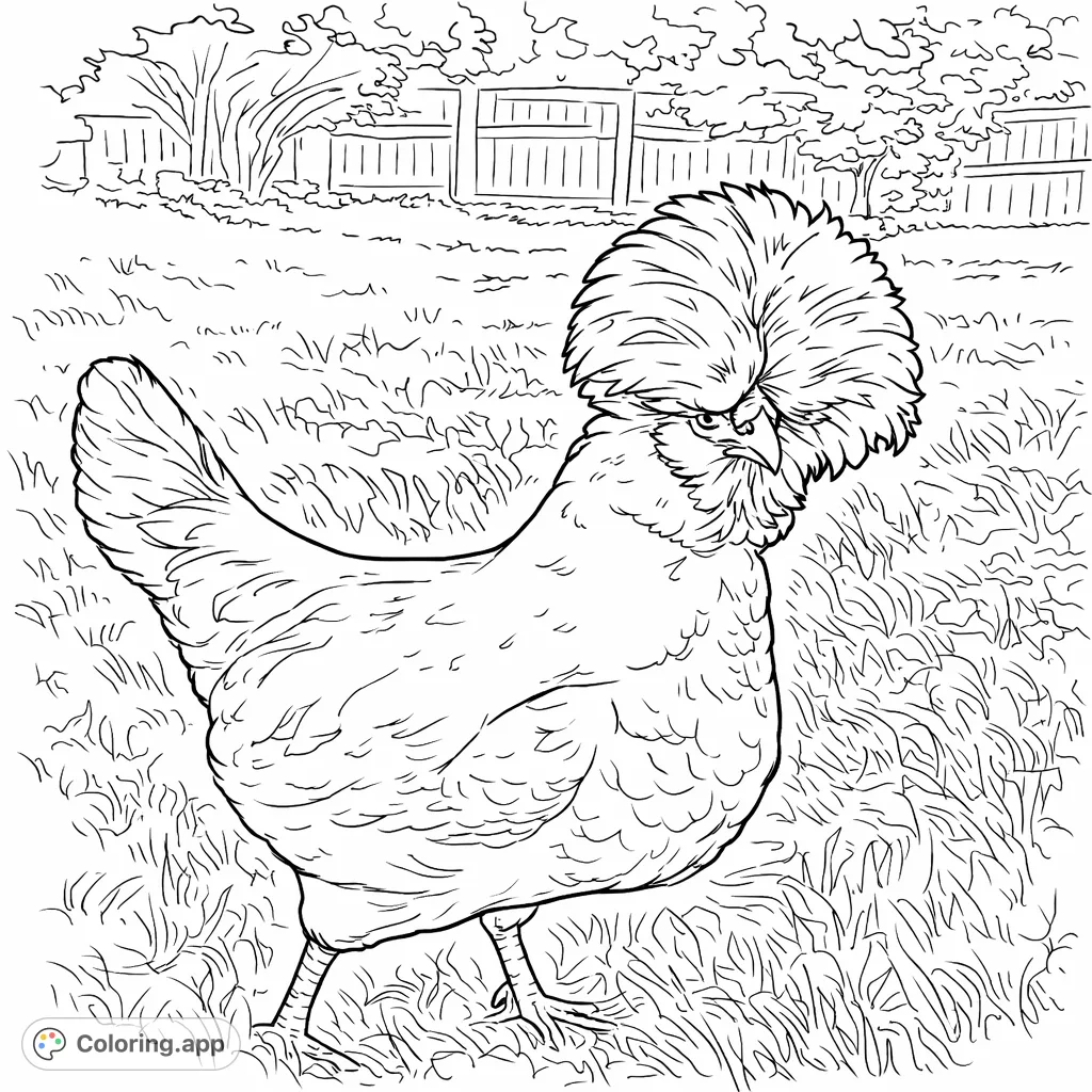 A charming crested chicken with a magnificent feathered topknot walks across a sunlit grassy field. A delightful farm animal free printable coloring page.