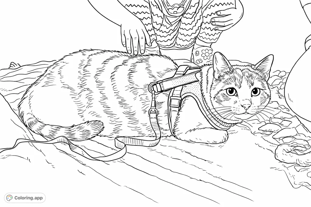 A charming cat, wearing a harness, rests comfortably on a textured blanket with a child's hands petting its back. Perfect for cat lovers of all ages.