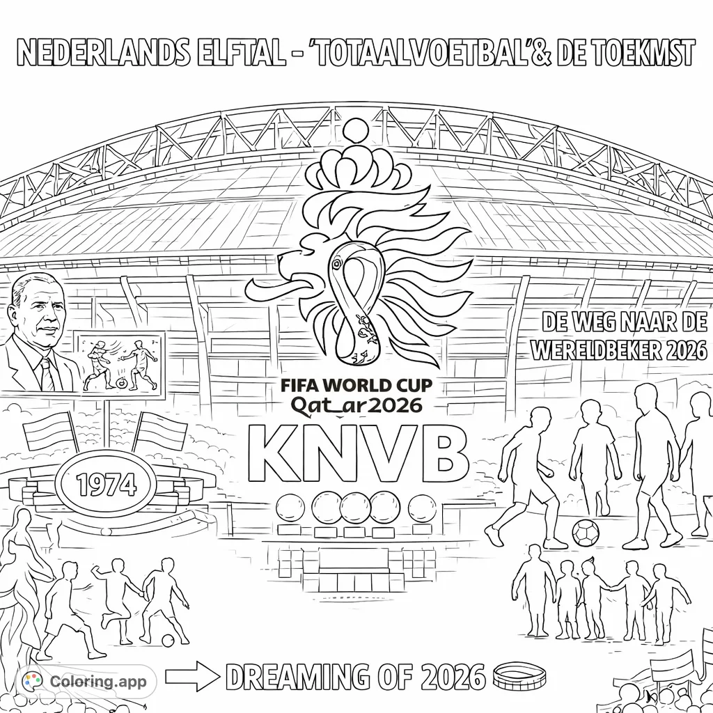 A dynamic football themed coloring page featuring the iconic Dutch lion emblem, a stadium, historical figures, and children playing, celebrating the sport's past and future aspirations.
