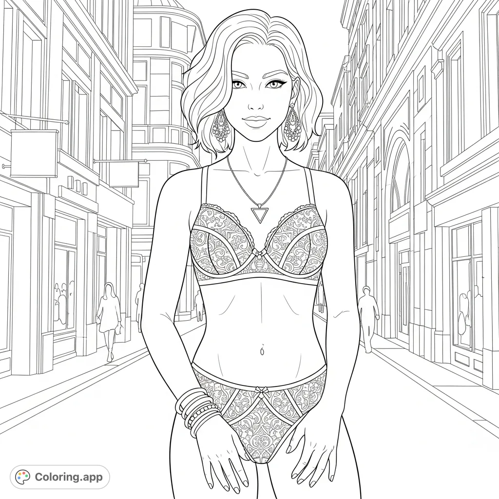 Color a confident female character in an intricate lace two-piece, set against a bustling urban street with detailed architecture and subtle background figures.