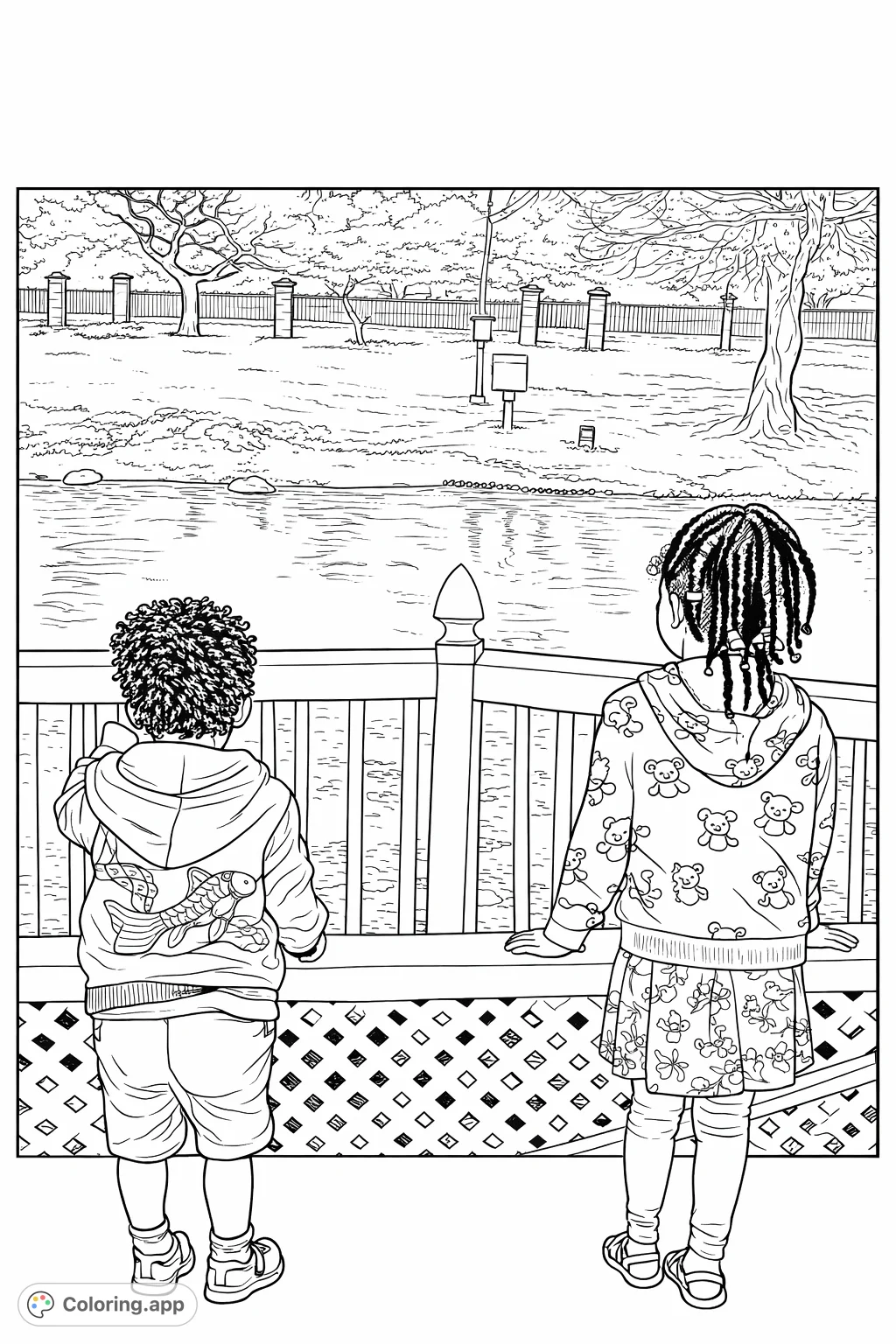 Two children gaze over a pond from a patterned deck, surrounded by a serene outdoor landscape with trees and grass. A delightful scene for young colorists.