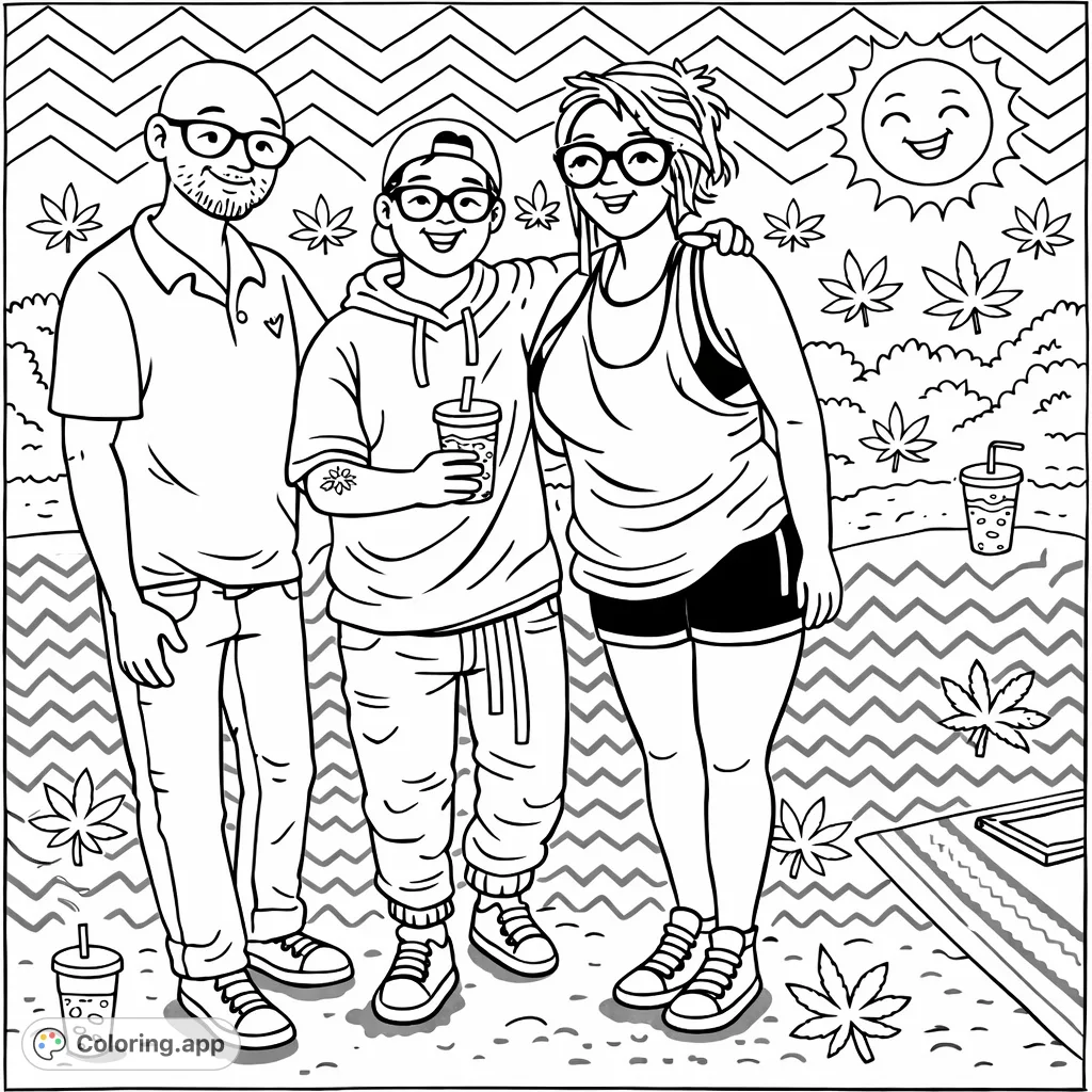 A cartoony summer scene featuring three friends enjoying a relaxed outdoor gathering. Perfect for adult colorists, with fun details like marijuana leaves and a zigzag background.