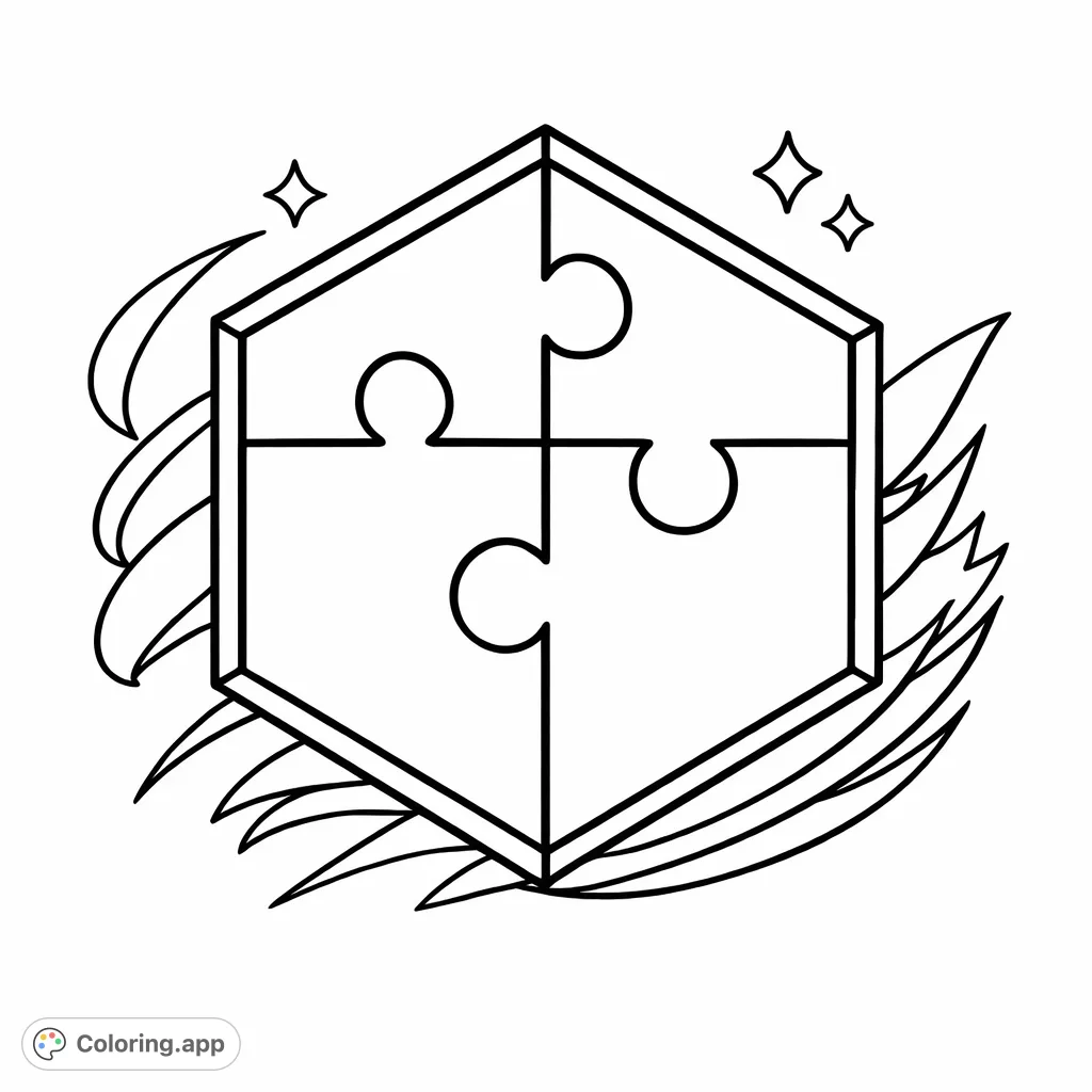 Unleash your creativity with this dynamic puzzle hexagon coloring page. Four interlocking pieces form a faceted gem, surrounded by energetic wisps and stars. Perfect for all ages.