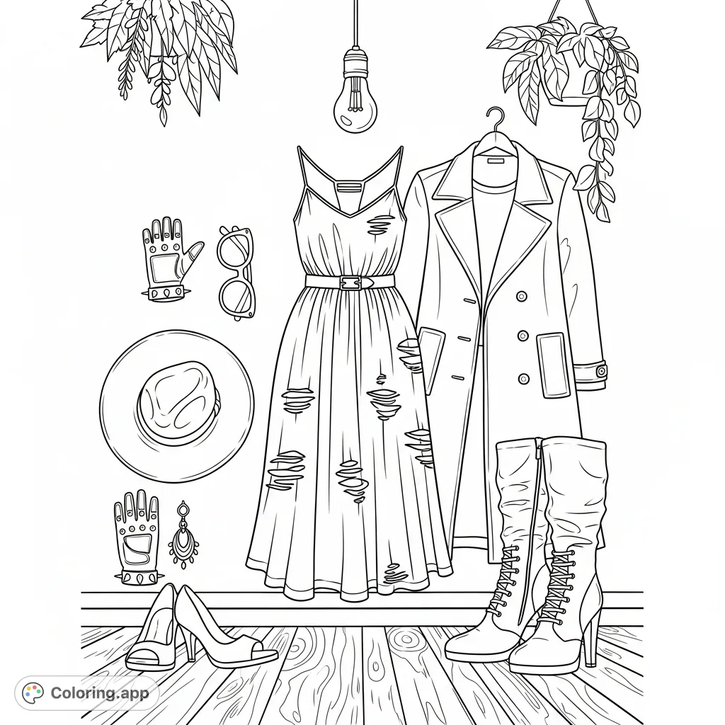 Explore a detailed punk style women's summer outfit collection. A ripped midi dress, coat, boots, and accessories are meticulously laid on a distressed floor.
