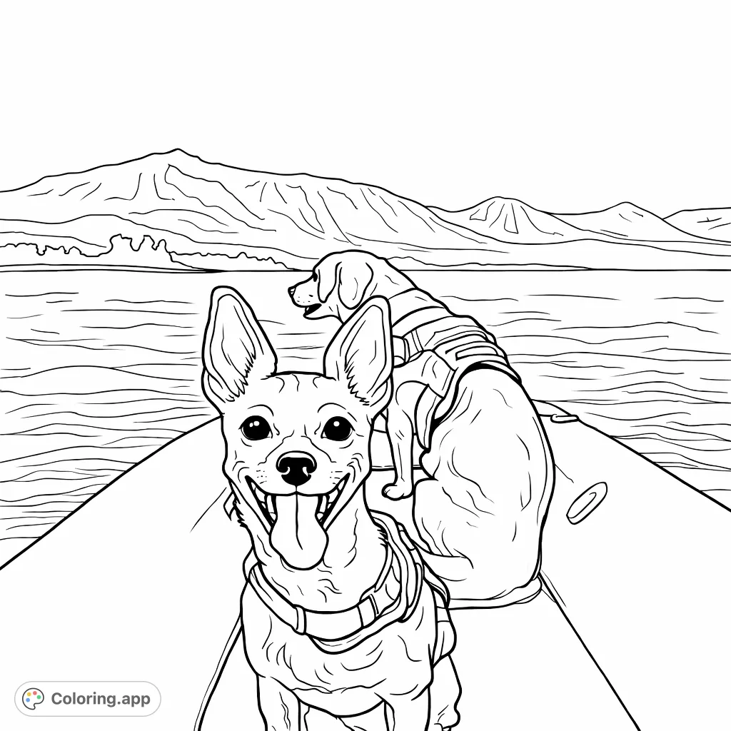 Two cheerful dogs enjoy a paddle on calm waters with majestic mountains in the distance. A delightful scene for animal lovers and nature enthusiasts.