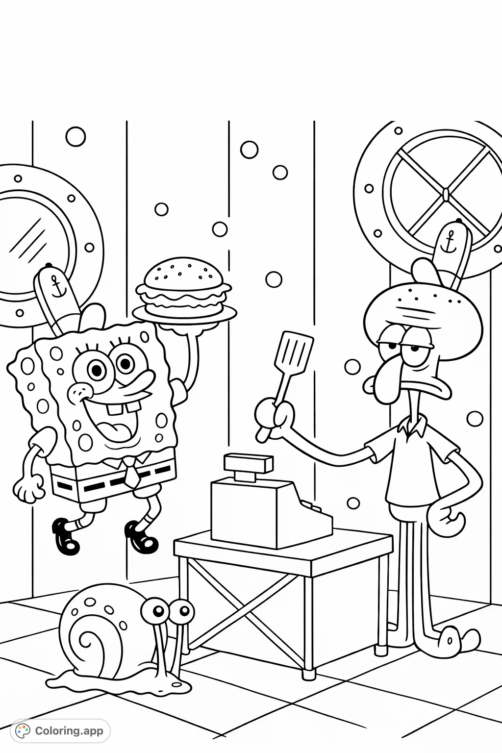 Join SpongeBob, Squidward, and Gary for a hilarious scene at the Krusty Krab! This fun cartoon coloring page features cheerful SpongeBob with a burger.