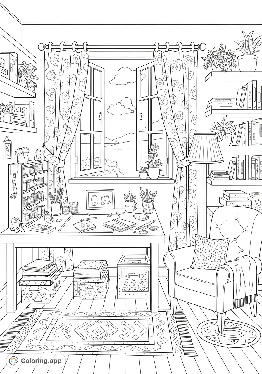 Discover a serene creative space designed for crafting and reflection. This detailed adult coloring page features a cozy table, shelves with art supplies, and a peaceful window view.