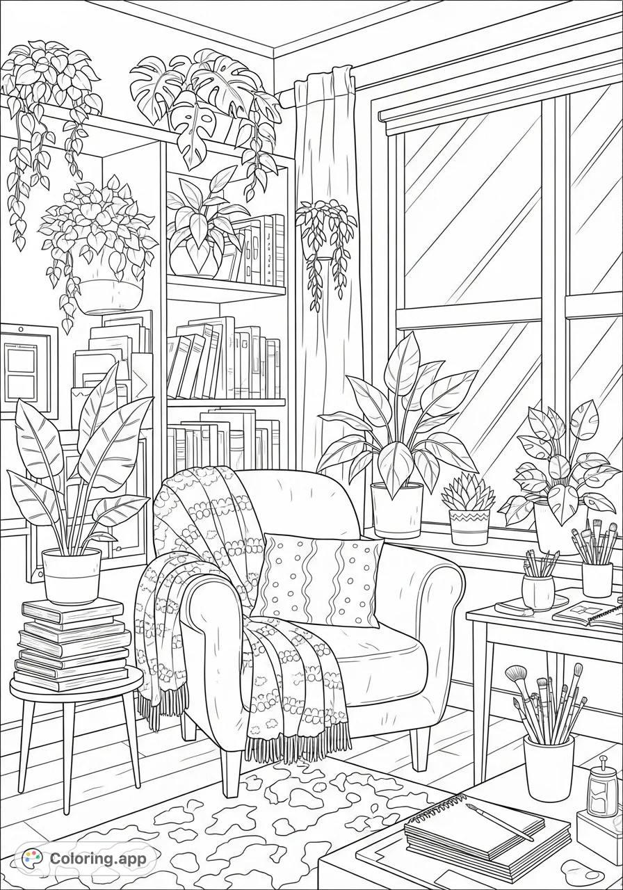Explore a detailed creative studio coloring page, featuring a tranquil reading nook with blankets, plants, and books. A perfect escape for adult colorists.