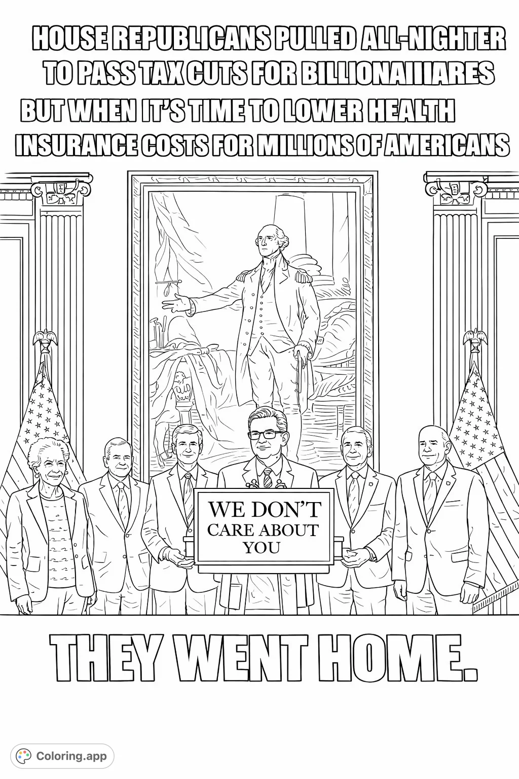 An intricate coloring page depicting a gathering of government officials at a podium, set against a backdrop of historical art and national flags.