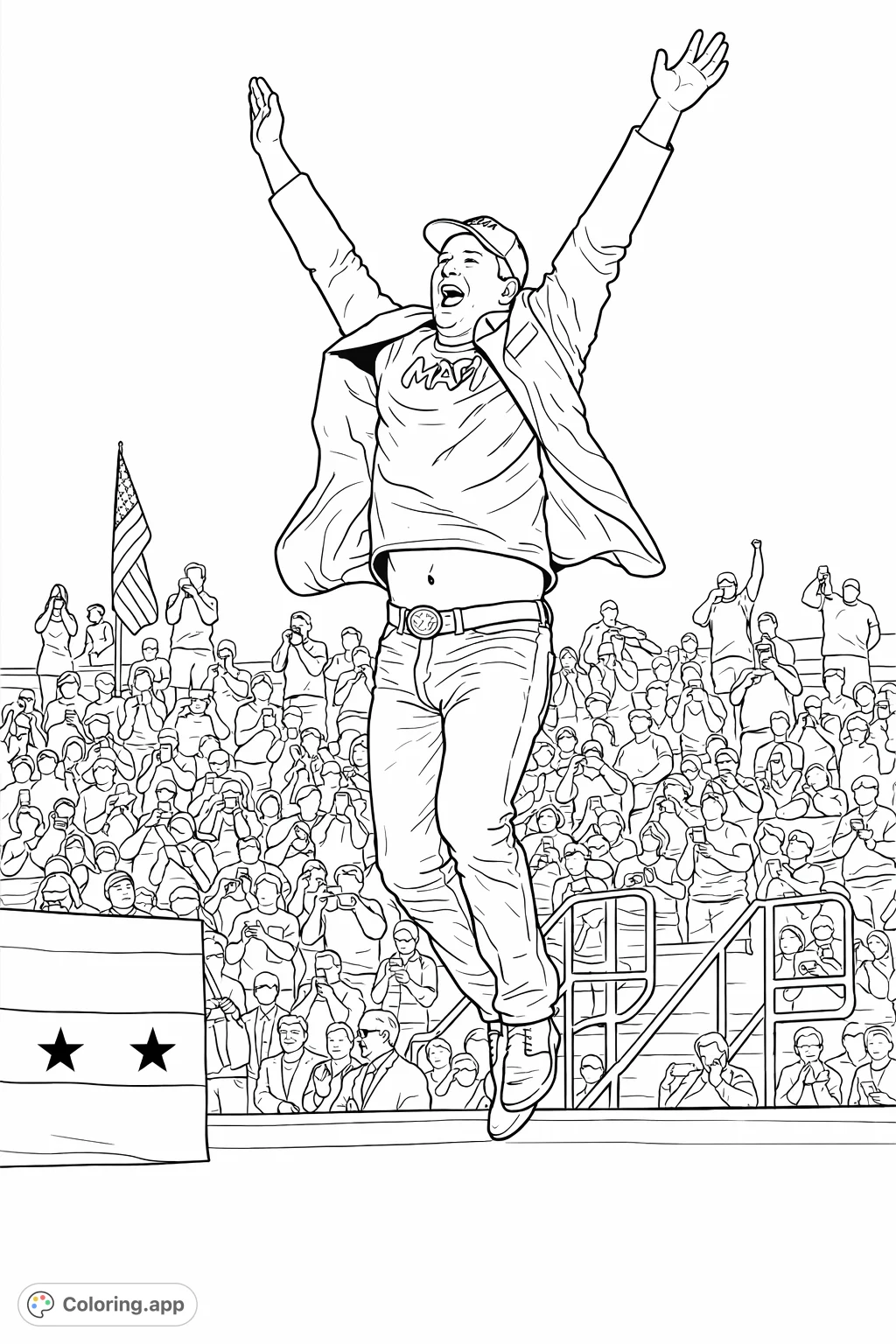 An energetic coloring page featuring a man captured mid-leap with arms raised, surrounded by a cheering crowd at a public event, full of joyful expression.