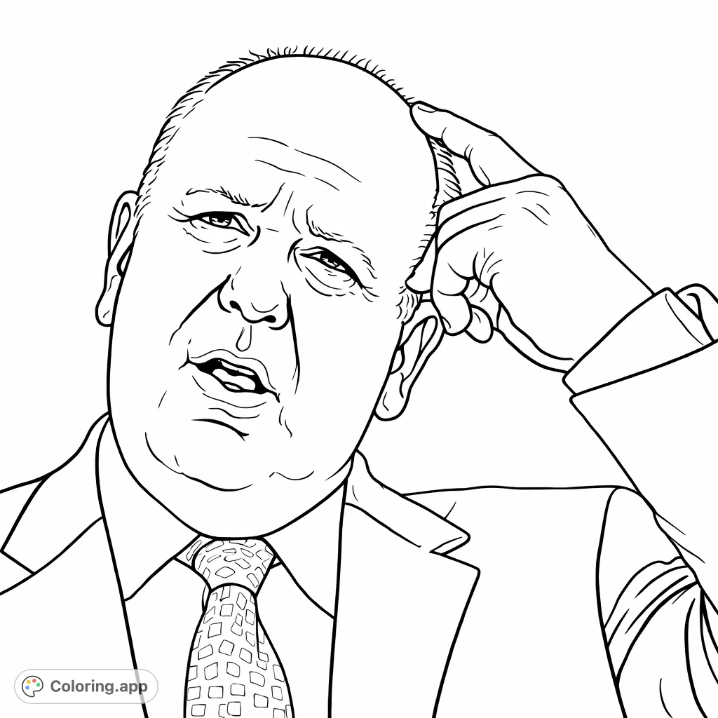 A thoughtful man in a suit, with his hand on his head, pondering. This detailed portrait offers a compelling scene for mindful coloring and reflection.