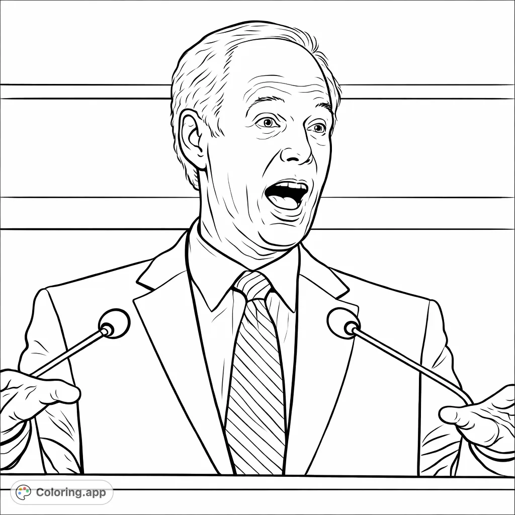 A detailed coloring page featuring a man in a formal suit, speaking animatedly at a podium with microphones, perfect for public figure enthusiasts.