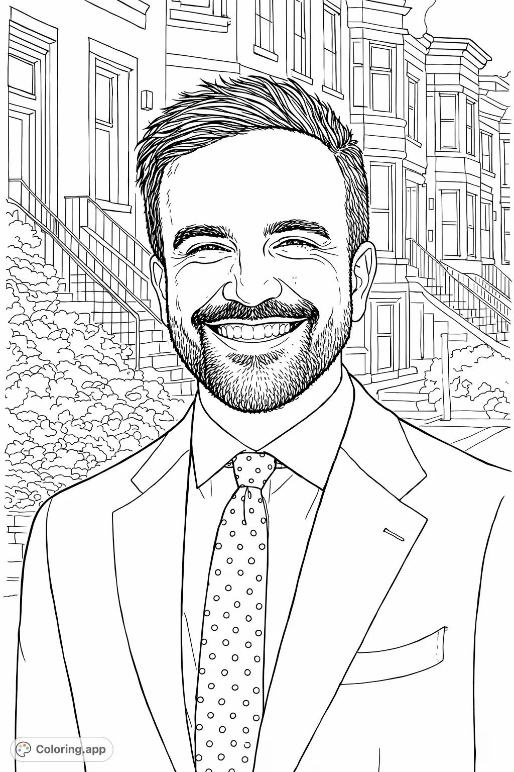 A friendly professional portrait of a smiling man in a suit and polka dot tie, set against a softly blurred urban background. Perfect for custom creations.