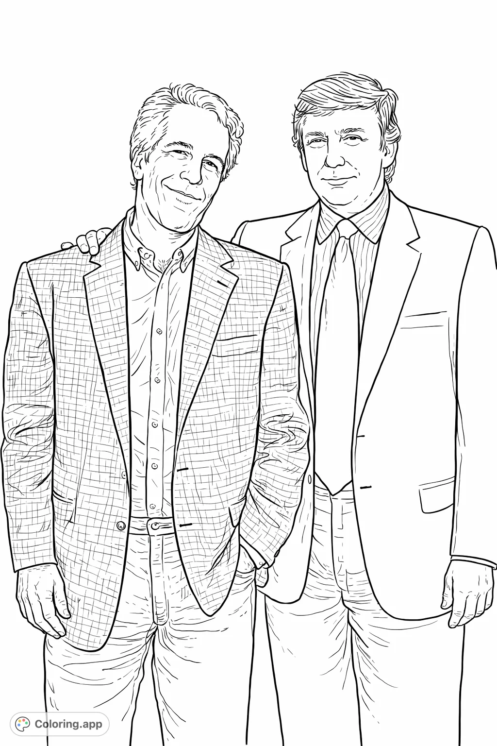 Color a detailed portrait of two well-known individuals, capturing their distinct appearances and attire. Perfect for reflection and artistic expression.