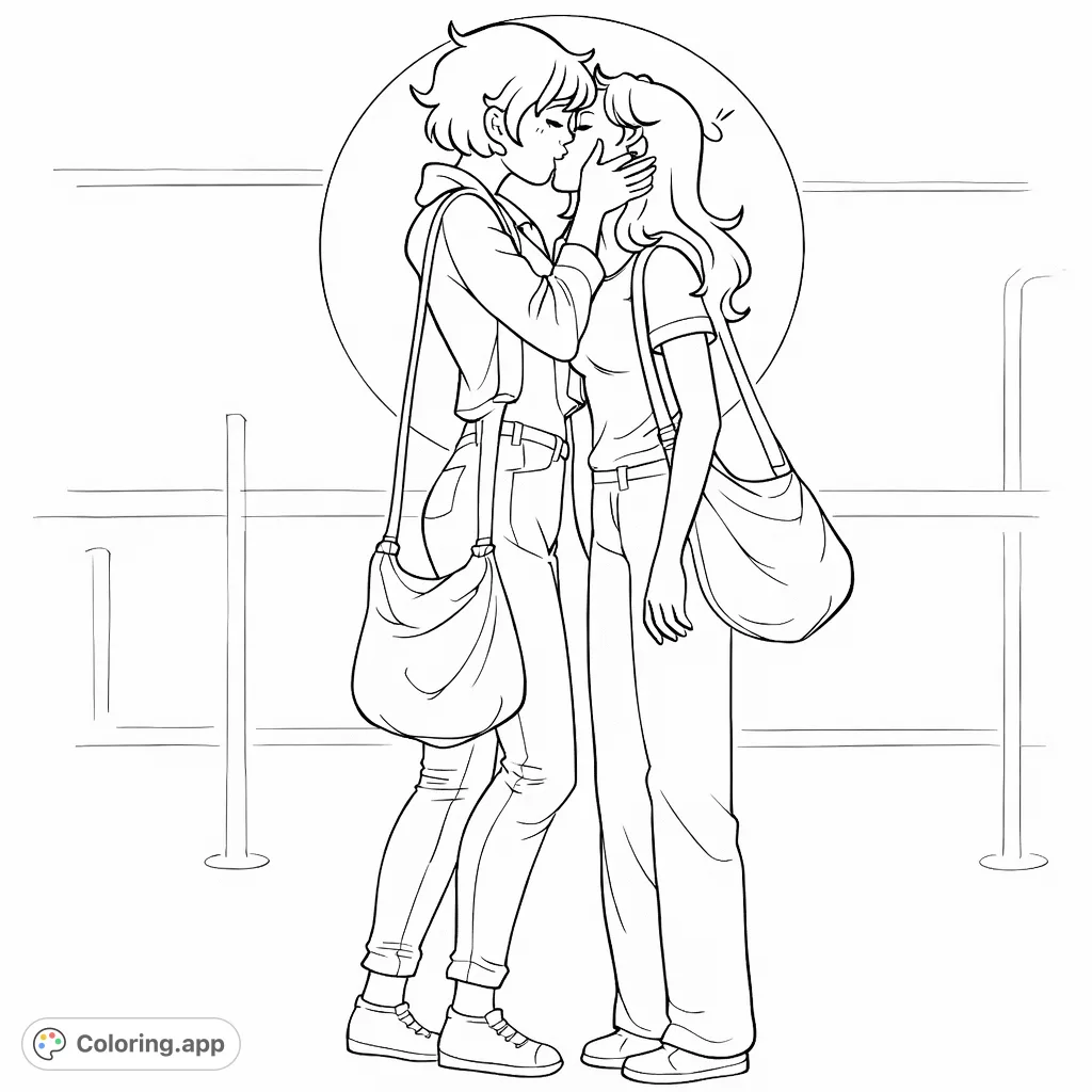 A heartwarming couple's tender embrace, capturing a moment of affection between two stylized figures with distinct hairstyles and casual attire.