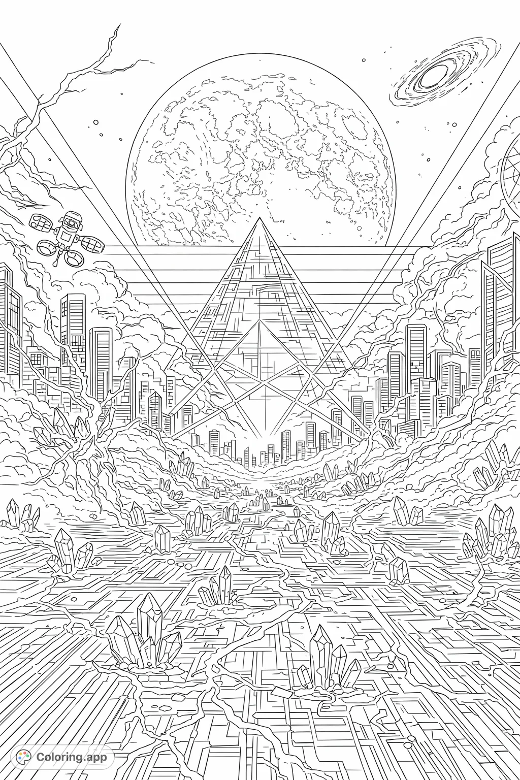 Explore a futuristic city with a pyramid, glowing crystals, and cosmic elements under a giant moon. A detailed cyberpunk adventure awaits.