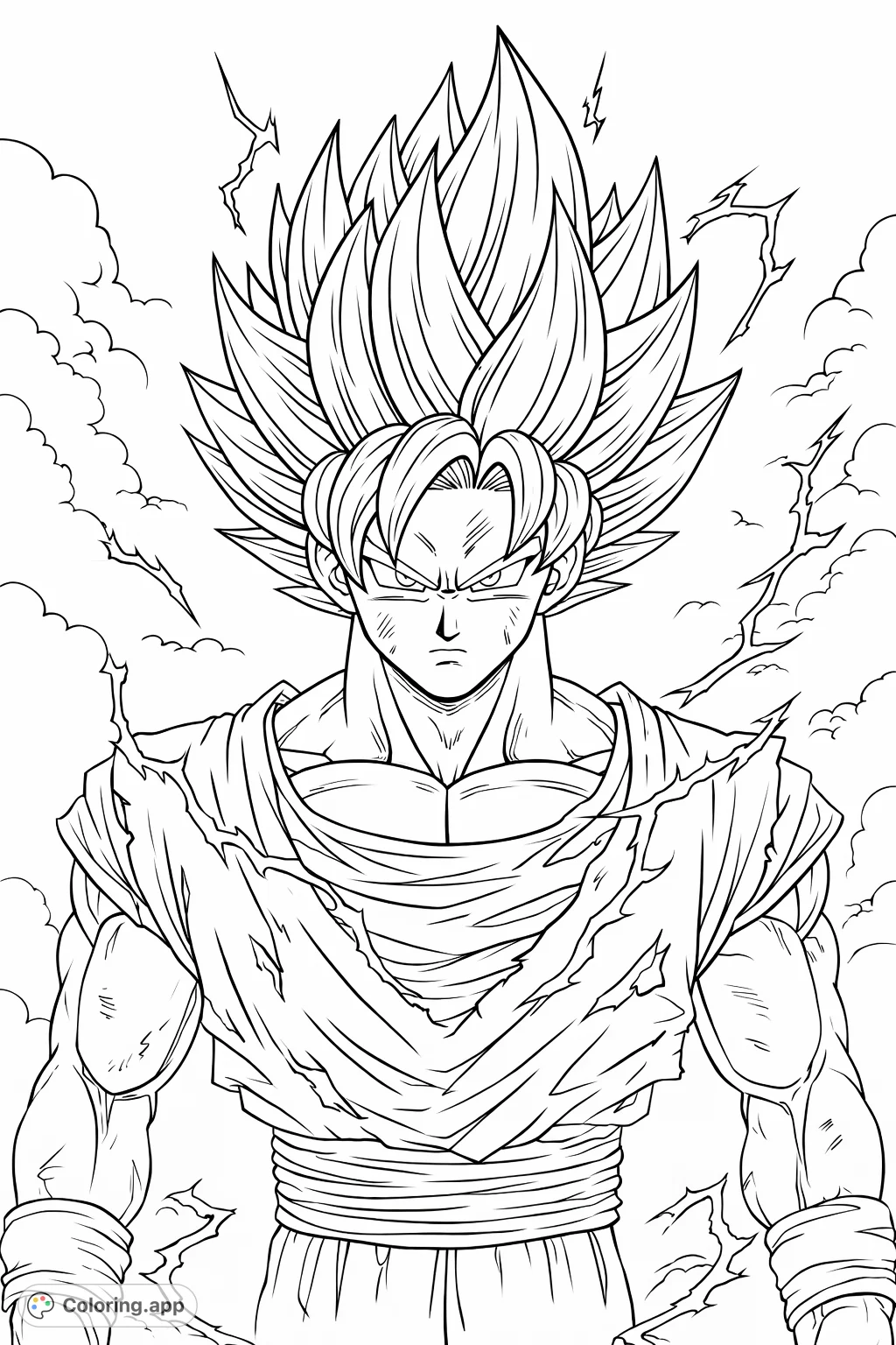 Unleash your creativity with this super warrior coloring page! Featuring a powerful figure with spiky hair and intense energy.