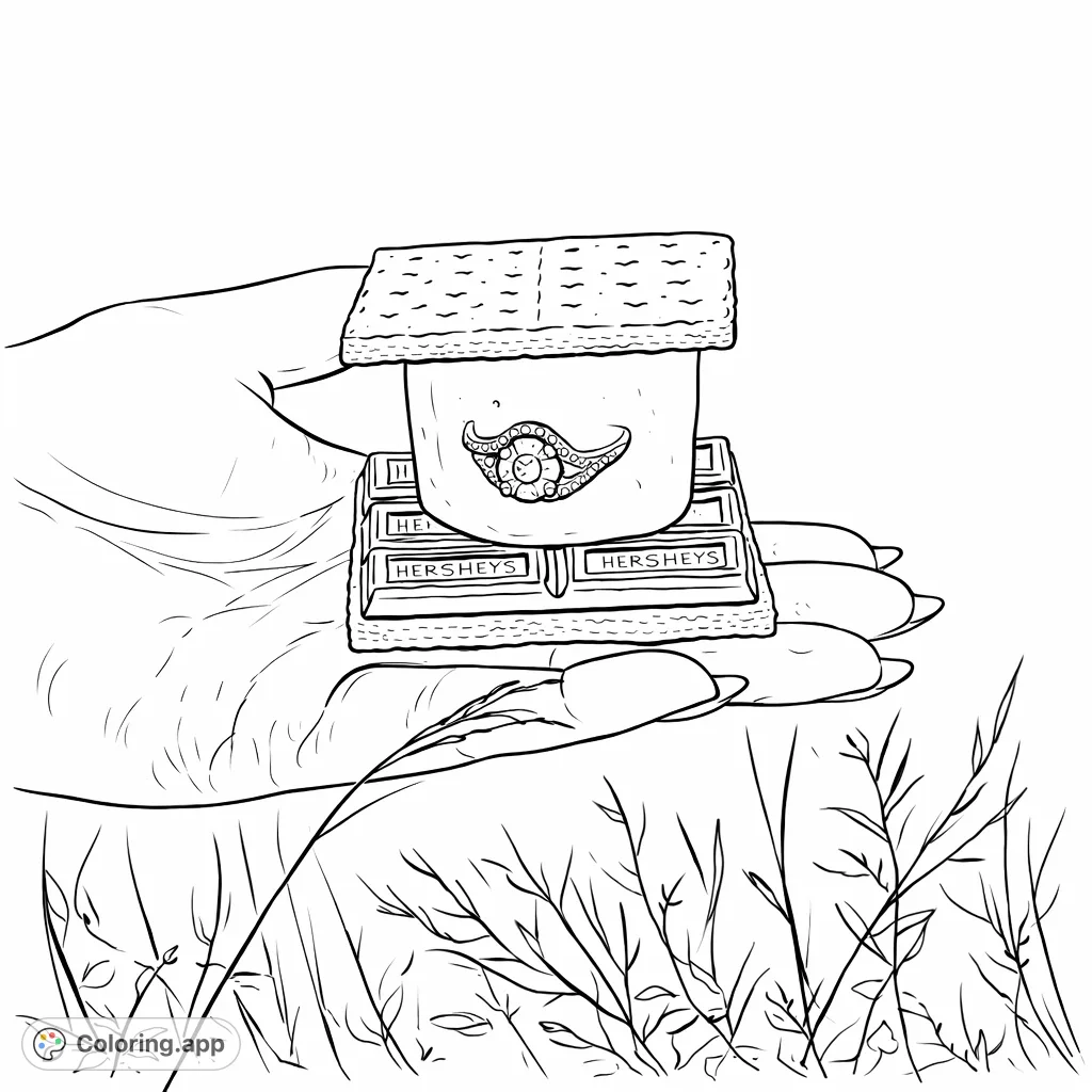 Enjoy a delightful s'mores coloring page featuring a hand holding the classic treat, complete with a charming, intricate ring for an extra touch of magic.