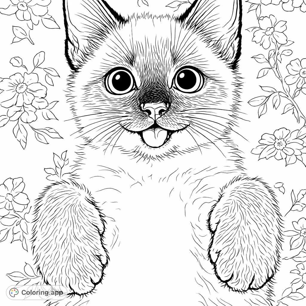 An adorable cat playfully lies on its back, tongue out, against a charming floral patterned background. A delightful scene for all cat lovers.