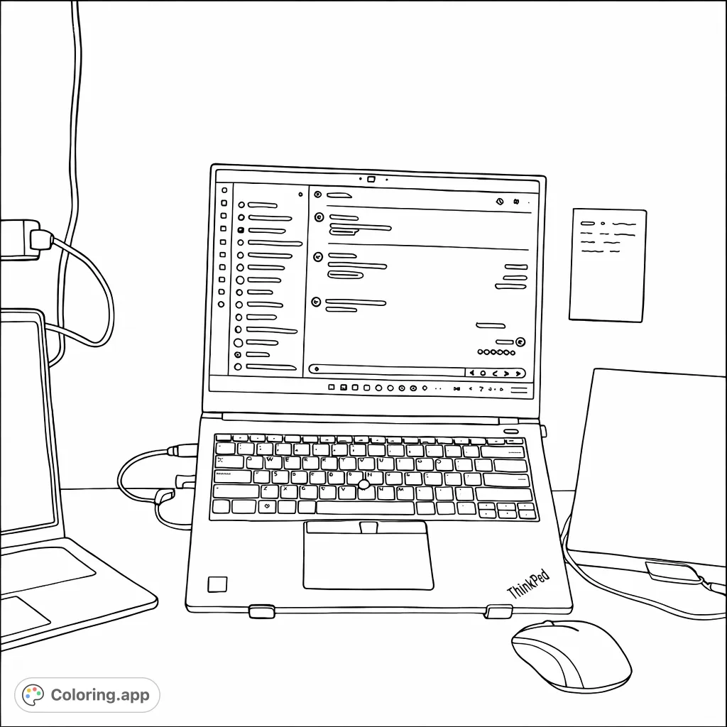 Explore a detailed modern workspace featuring multiple laptops, a computer mouse, and a tablet. Perfect for tech enthusiasts to color with precision.