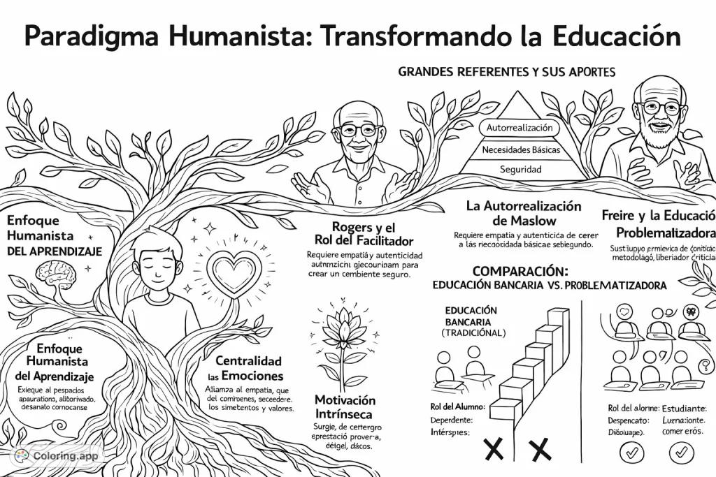 Explore a humanistic journey through a symbolic tree with figures and flowing pathways. This intricate design offers a mindful coloring experience.