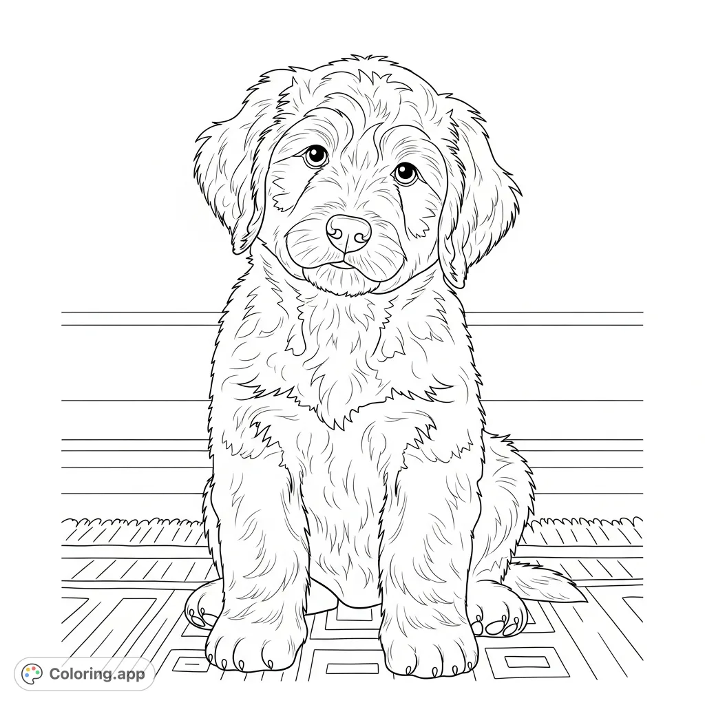 A charming Bernedoodle puppy with a distinct tuxedo coat, posed playfully on a patterned rug. Perfect for dog lovers to color and personalize!