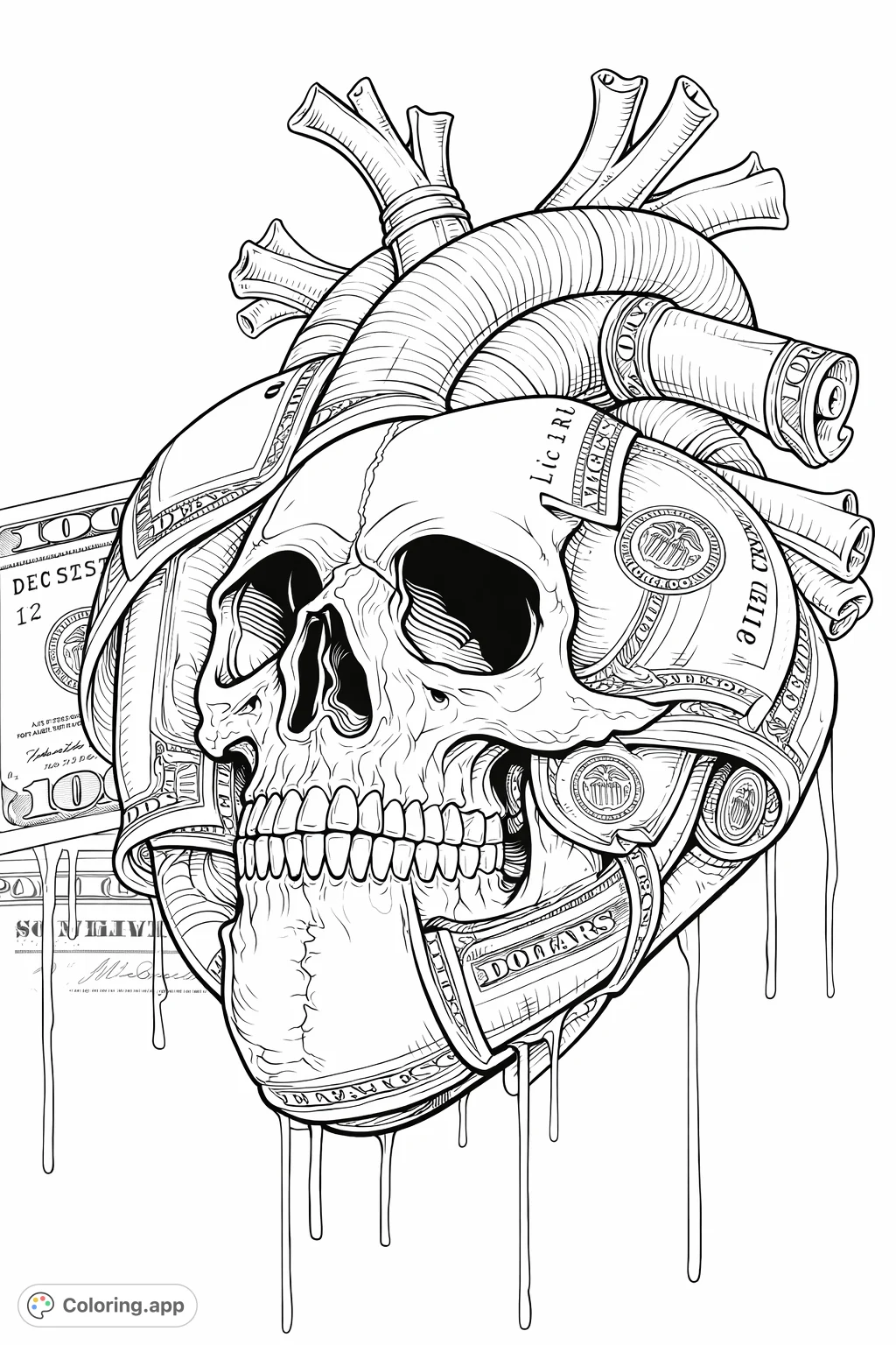 A unique artwork blending an anatomical heart, a skull, and currency notes into a striking sculpture, perfect for adult colorists seeking a complex and thought-provoking design.