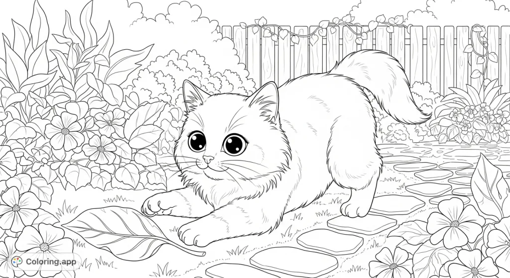 An adorable, long-haired kitten with extremely large eyes pounces playfully at a leaf in a charming backyard garden scene, offering a delightful coloring experience.