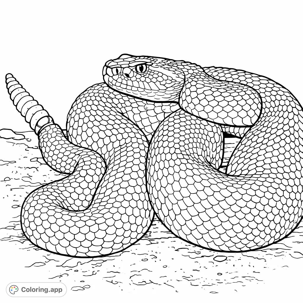An intricately detailed coiled serpent resting on a textured rock, featuring detailed scales and a distinctive rattle. Perfect for nature enthusiasts.