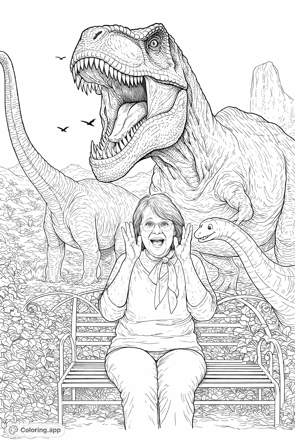 A thrilling prehistoric scene featuring a surprised woman on a bench, confronted by a roaring dinosaur, with another gentle giant nearby. A fun, detailed page.