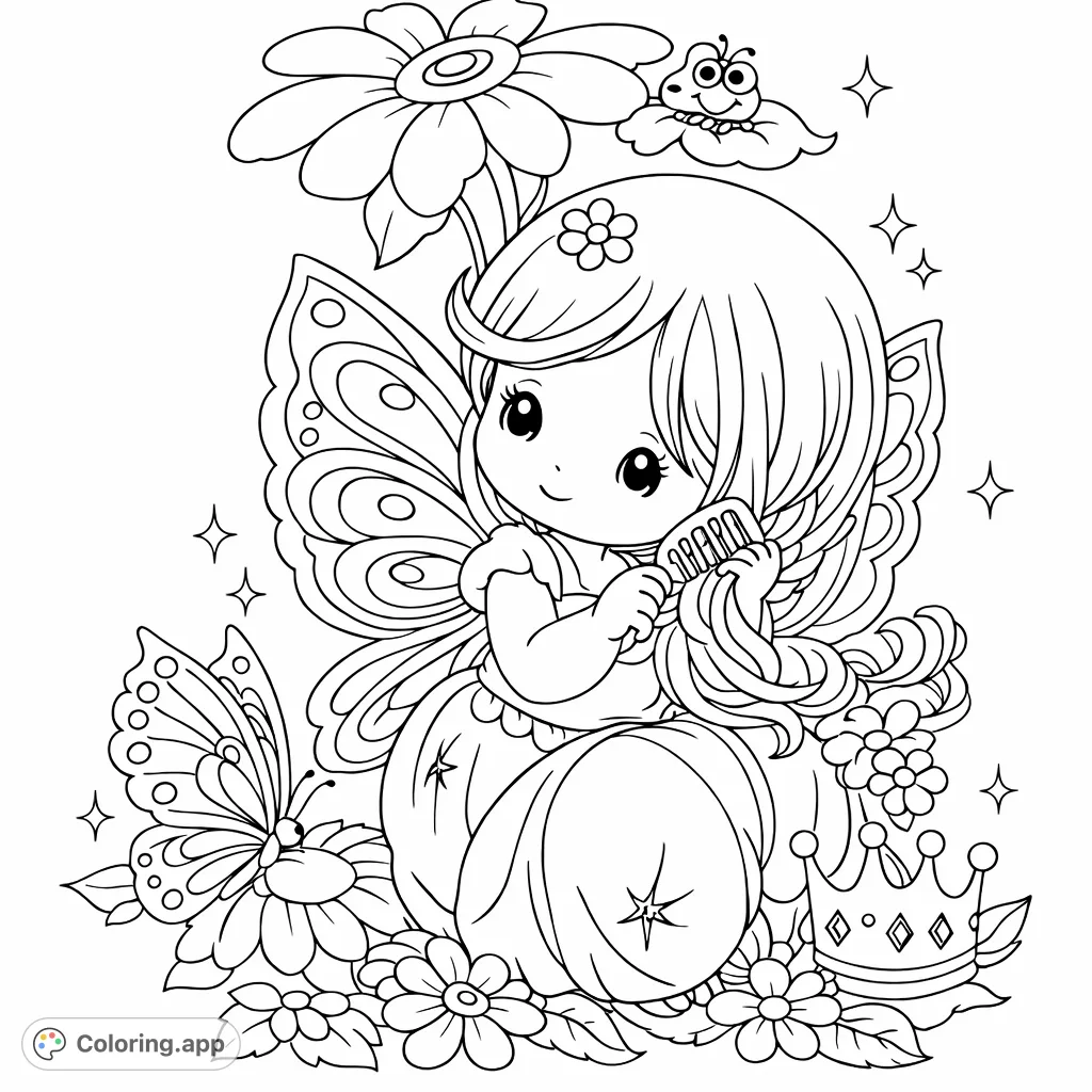 A charming fairy sits among flowers and a butterfly, gently combing its hair. A crown awaits, adding a regal touch to this whimsical scene.
