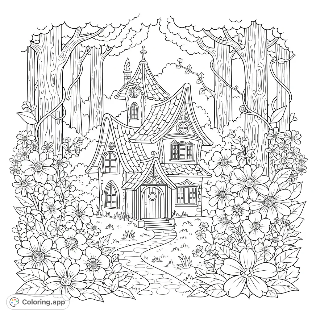 Explore a magical forest coloring page featuring a whimsical, dreamy house surrounded by abundant flowers and lush plants. A tranquil scene for all ages.