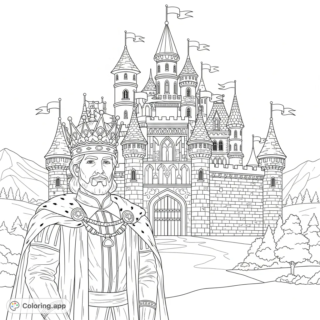 A regal king, adorned with a magnificent crown, stands before his majestic castle. This royal scene offers a captivating coloring experience for all.