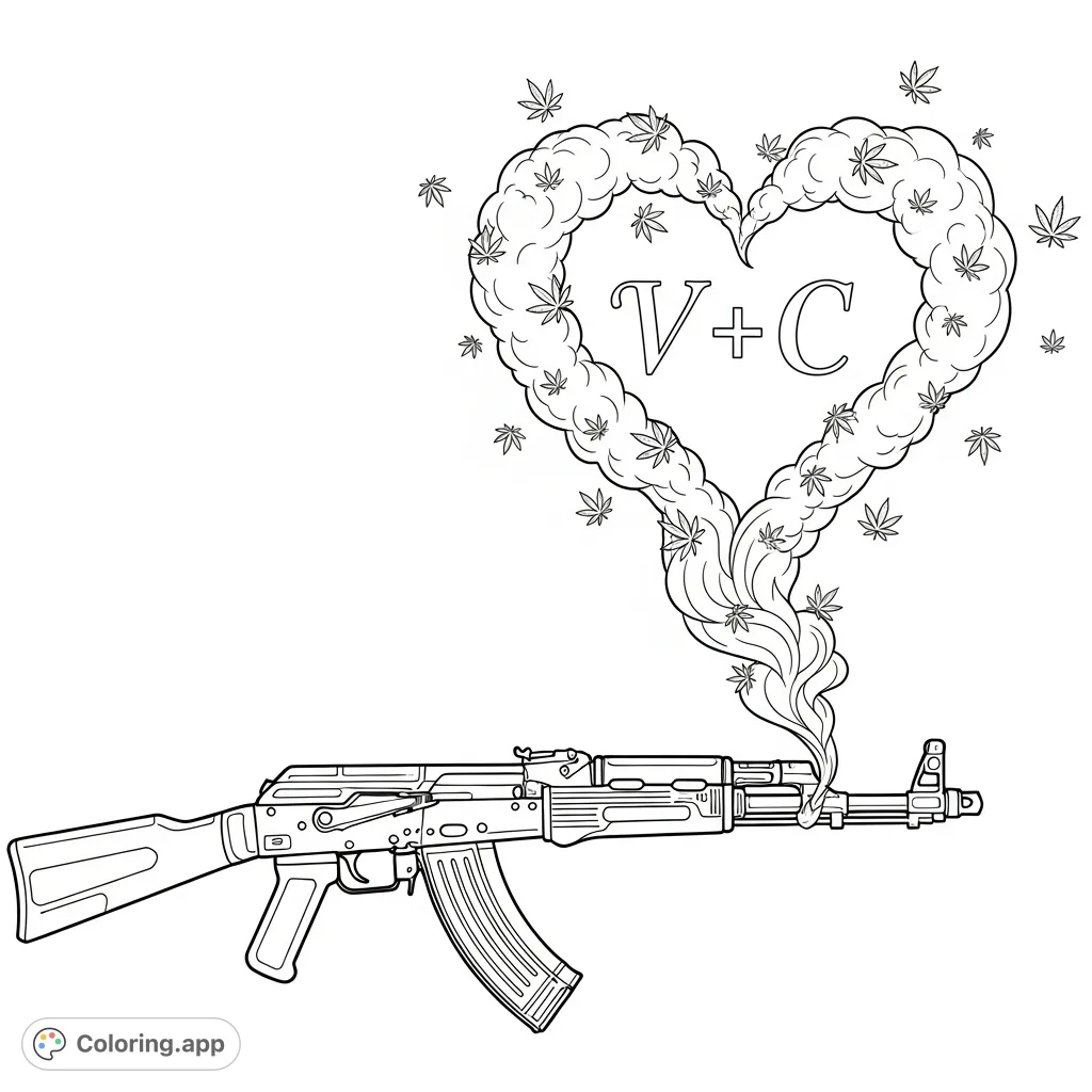 An AK-47 rifle with smoke forming a heart, featuring "V + C" initials and tiny marijuana leaves. A unique, detailed adult coloring page.