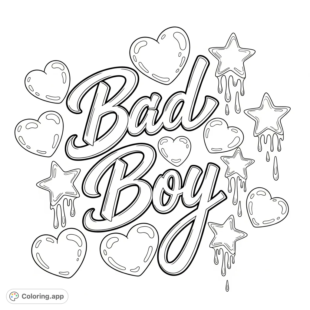 An edgy "Bad Boy" graffiti coloring page featuring bold cursive letters, playful bubble hearts, and dynamic drippy stars for a unique street art experience.