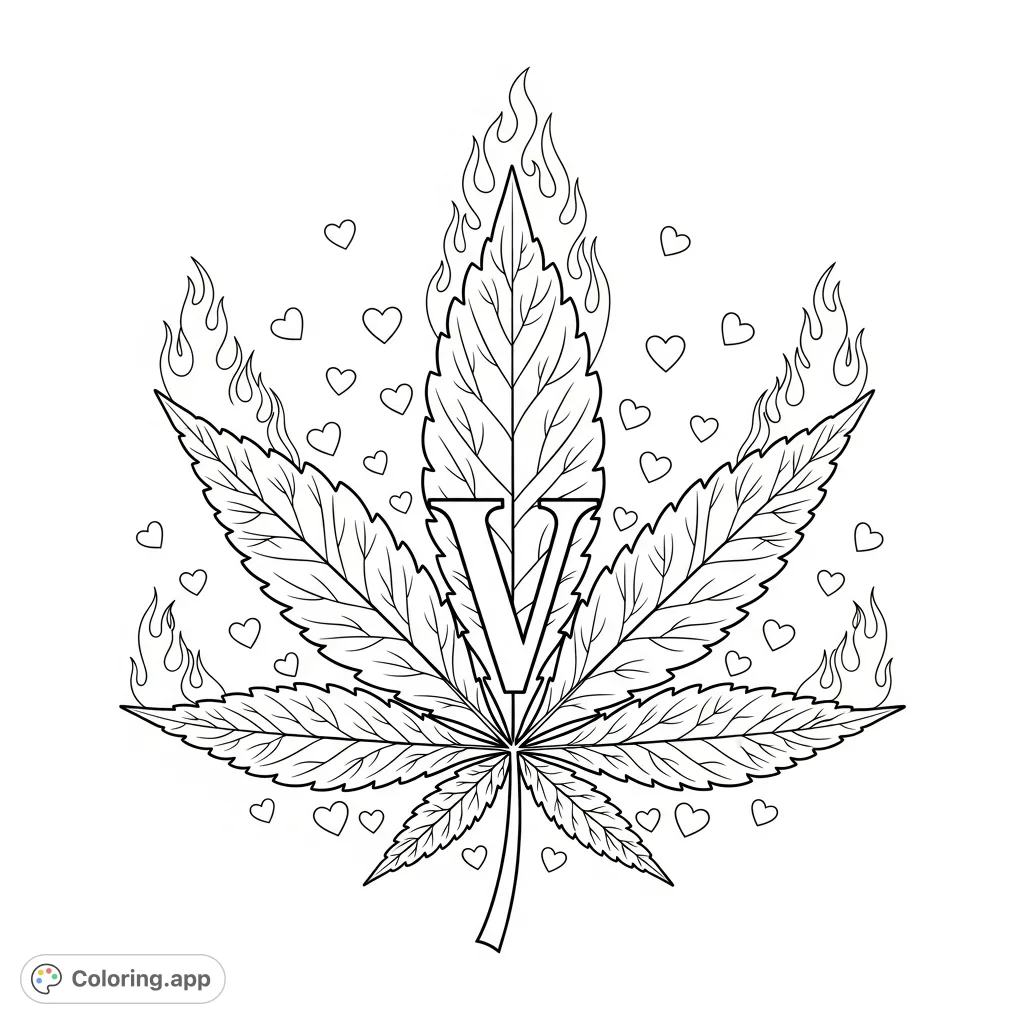 A huge cannabis leaf featuring a bold letter "V," surrounded by whimsical tiny hearts and dynamic flame patterns, offering a unique adult coloring experience.