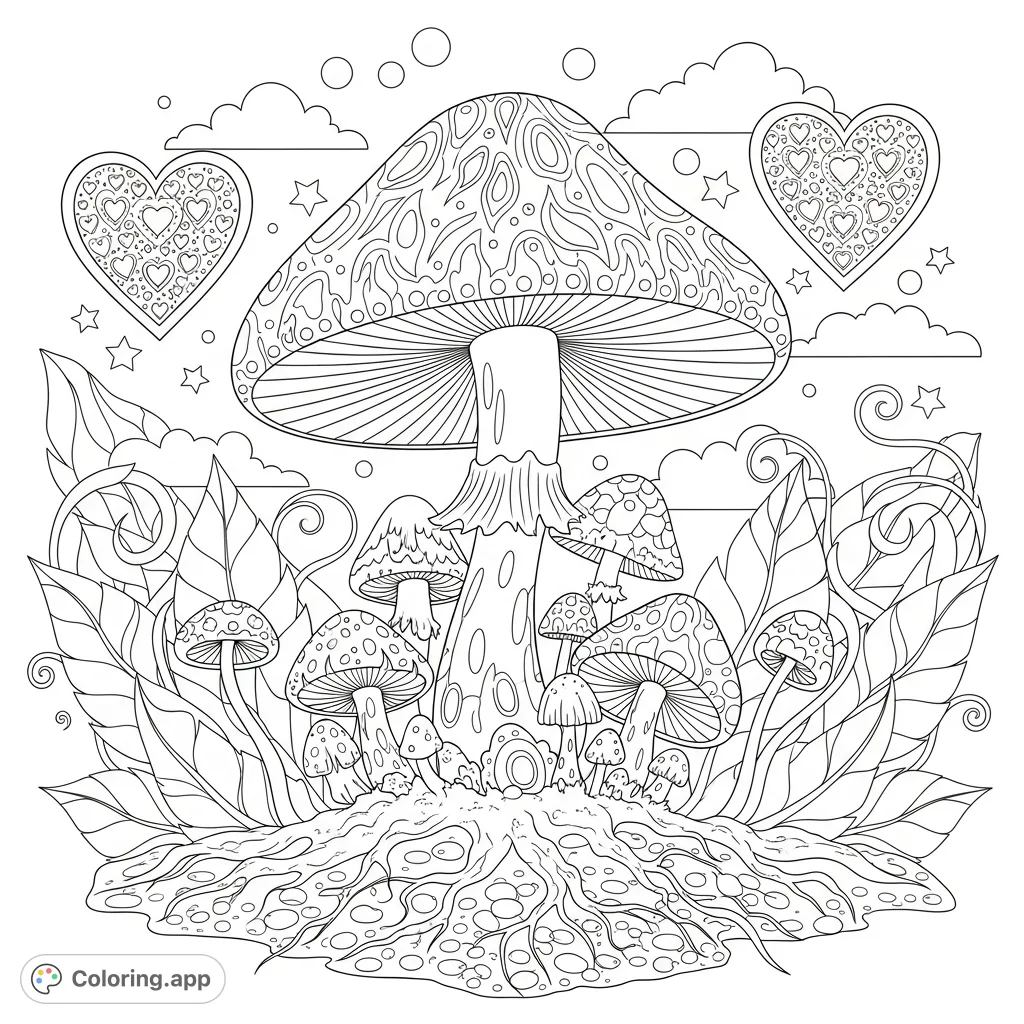 An enchanting magical mushroom coloring page, featuring intricate patterns, surrounding fungi, and whimsical forest elements for a captivating experience.