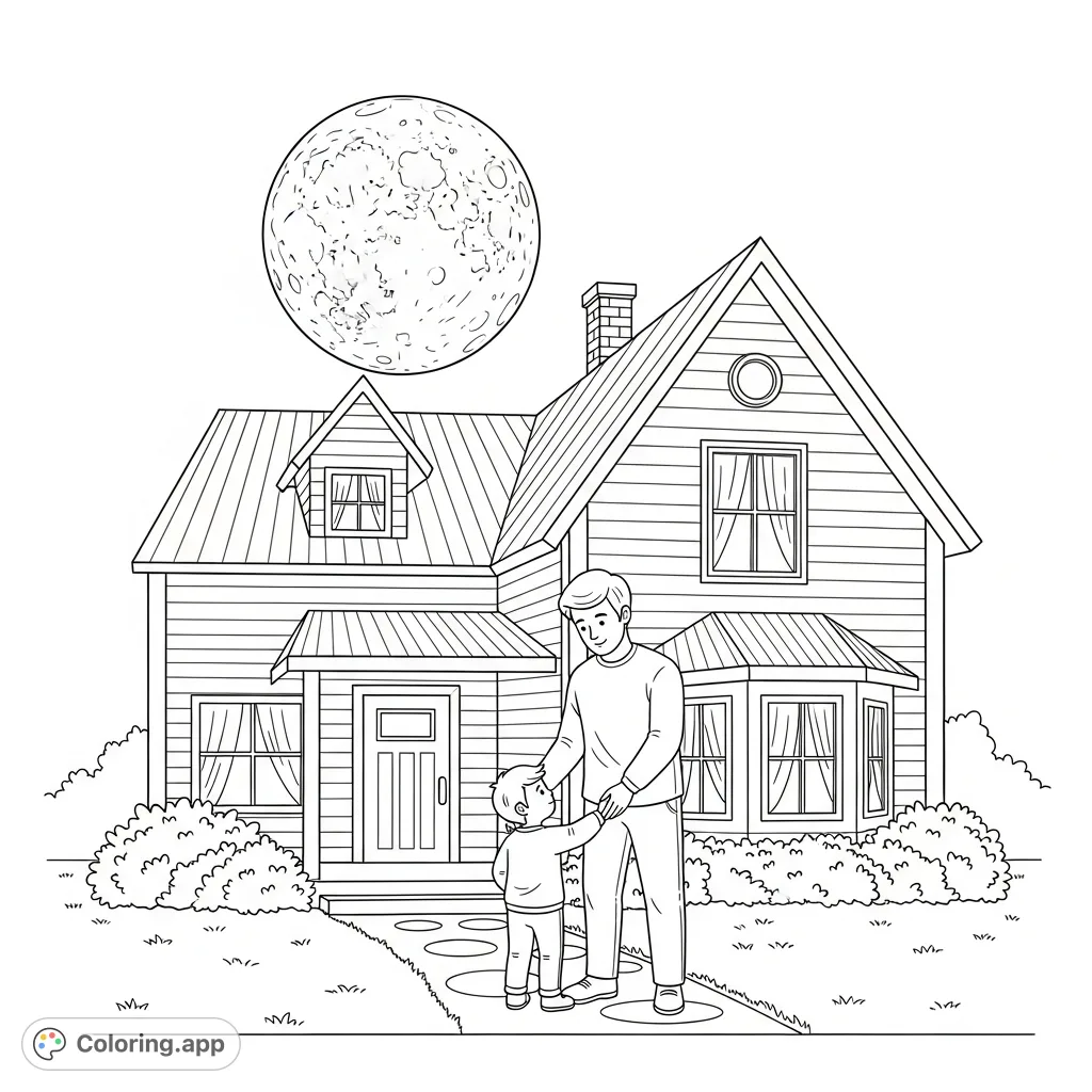 A heartwarming scene featuring a man, his son, and their home under a detailed moon, symbolizing gratitude and peace. Perfect for a cozy coloring session.