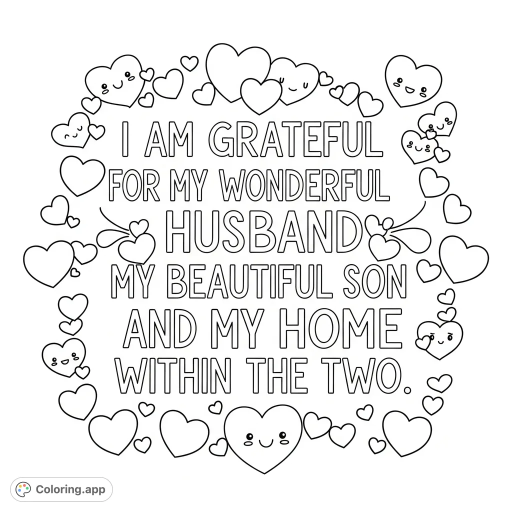 A heartwarming coloring page featuring words of gratitude for husband, son, and home, beautifully adorned with charming hearts. Express love and appreciation.